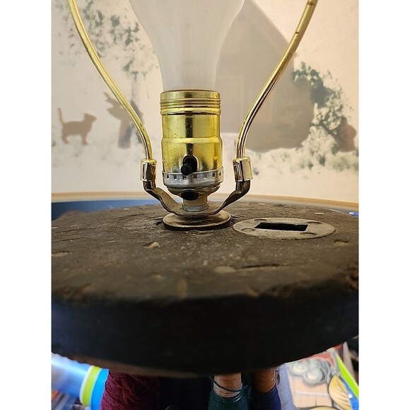 Handmade Folk Art Lamp Rustic Wood Base Textile Spools Painted Cottage Shade - Picture 4 of 13